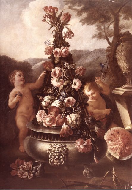 Anonimo — Autore non indicato - sec. XVII - Natura morta con vaso di fiori e putti — insieme
